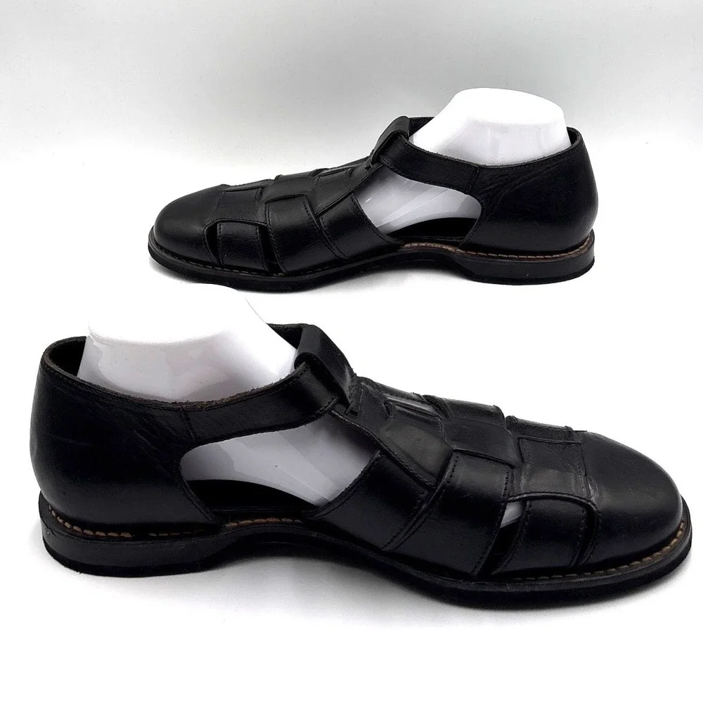Cole Haan Mens Black Leather Fisherman Sandals Woven Closed Toe Buckle 11M 10468